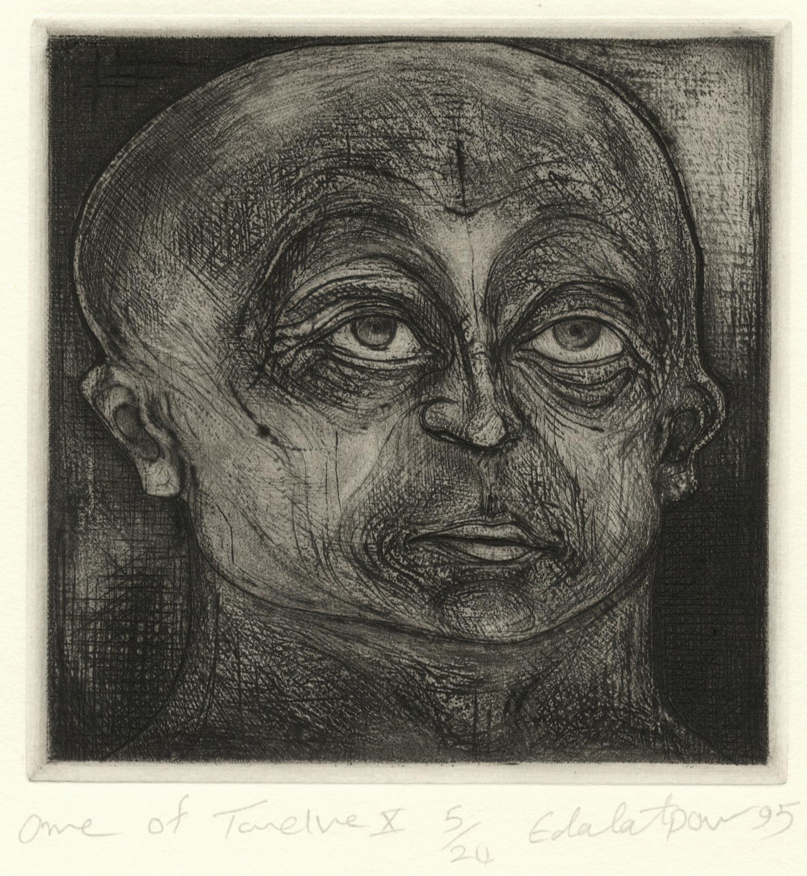 One of Twelve X (etchings of one of 12 heads based on  monumental sculpture) - Black Figurative Print by Seyed M. S. Edalatpour