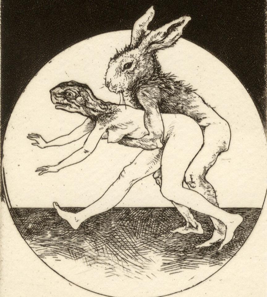 The Tortoise and the Hare (humans with tortoise and hare heads copulate) - Print by Jack Coughlin