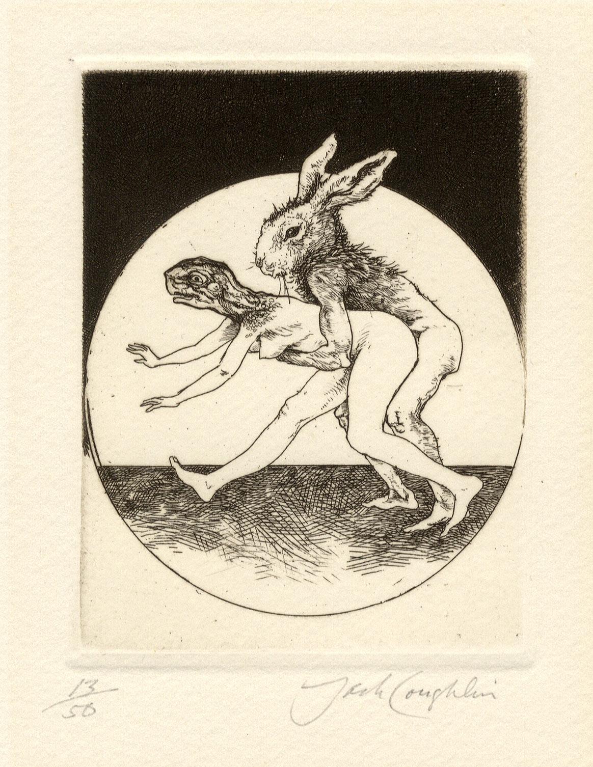 The Tortoise and the Hare (humans with tortoise and hare heads copulate) - American Modern Print by Jack Coughlin