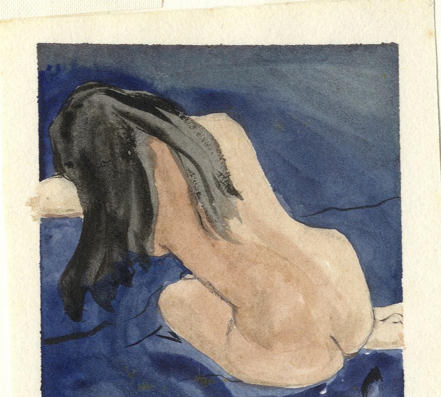 Nude Woman (Long black hair contrasts with the light skin tone of seated nude) - Art by Glenora Richards