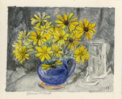 Vintage Blue Pitcher with Yellow Daisies