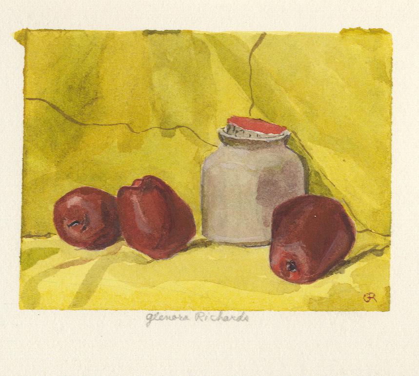 Apples and Jar on Yellow Background - Art by Glenora Richards
