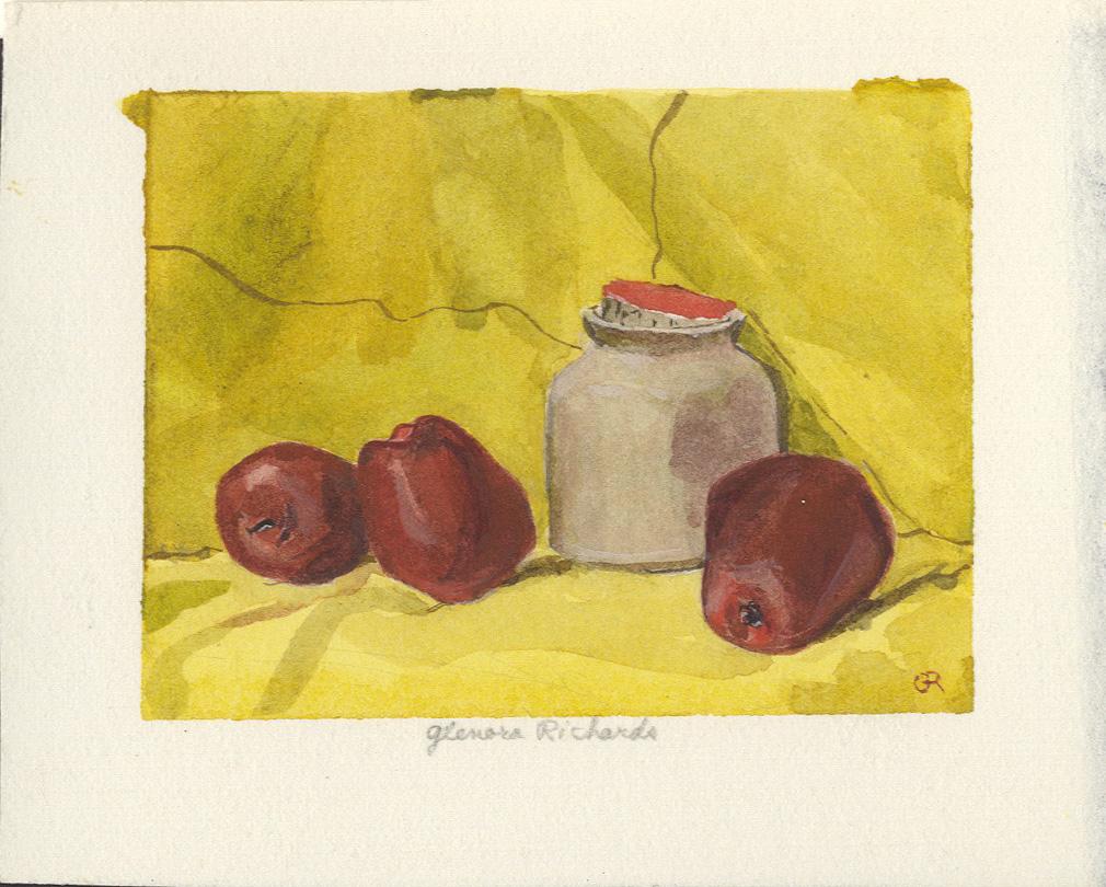Glenora Richards Still-Life - Apples and Jar on Yellow Background