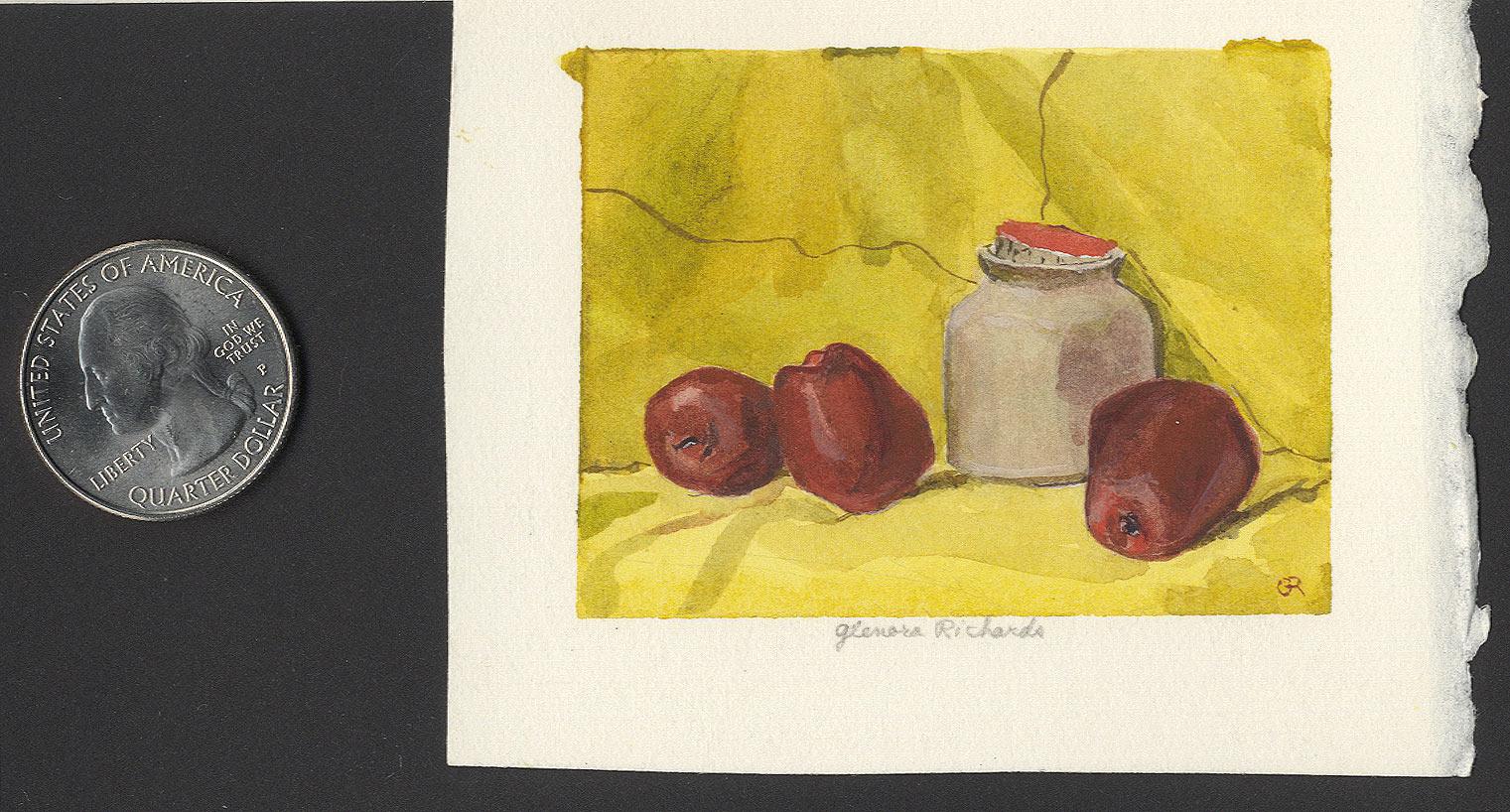 Apples and Jar on Yellow Background - Realist Art by Glenora Richards