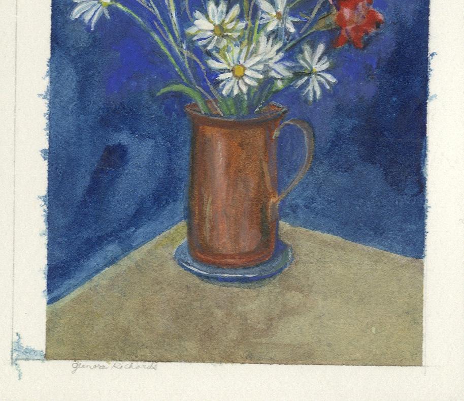 Daisies with Red and Yellow Flowers in Copper Pitcher - Realist Art by Glenora Richards