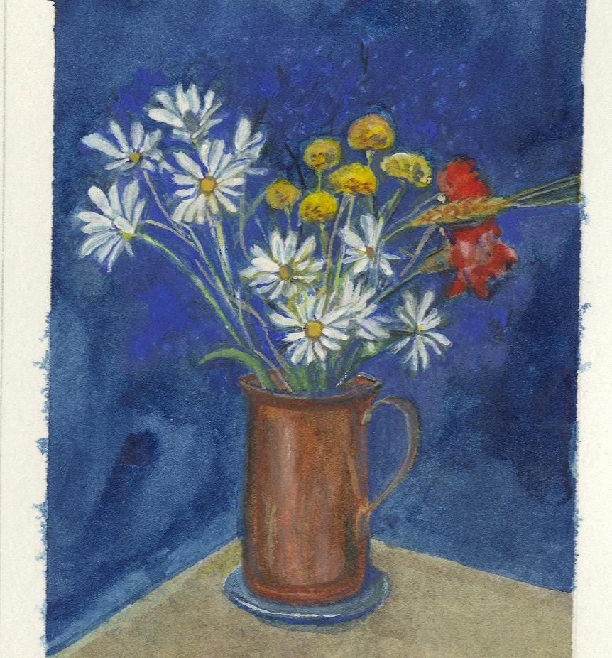 Daisies with Red and Yellow Flowers in Copper Pitcher - Art by Glenora Richards
