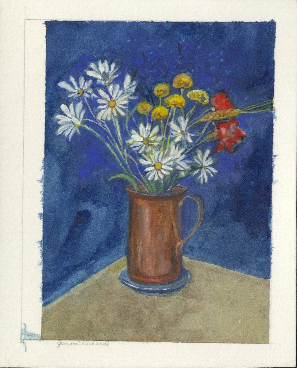 Glenora Richards Still-Life - Daisies with Red and Yellow Flowers in Copper Pitcher