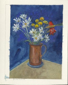 Daisies with Red and Yellow Flowers in Copper Pitcher