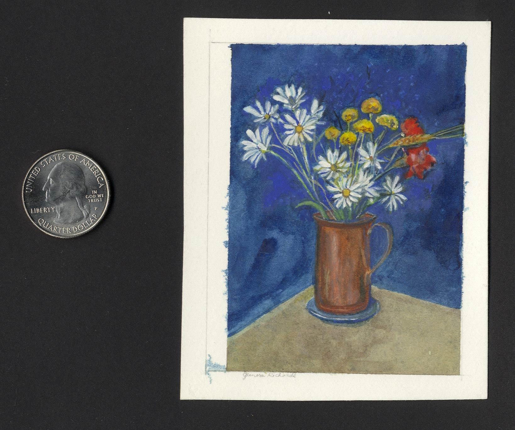 Daisies with Red and Yellow Flowers in Copper Pitcher - Gray Still-Life by Glenora Richards
