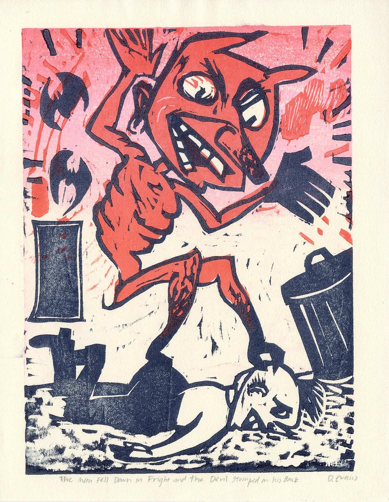 Man Fell Down in Fright and Devil Stomped on his Back - Pink Figurative Print by Donna Evans