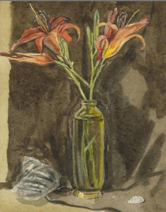 Orange Flowers in Glass Vase against Beige