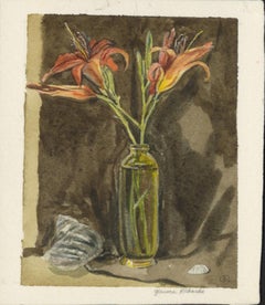 Orange Flowers in Glass Vase against Beige