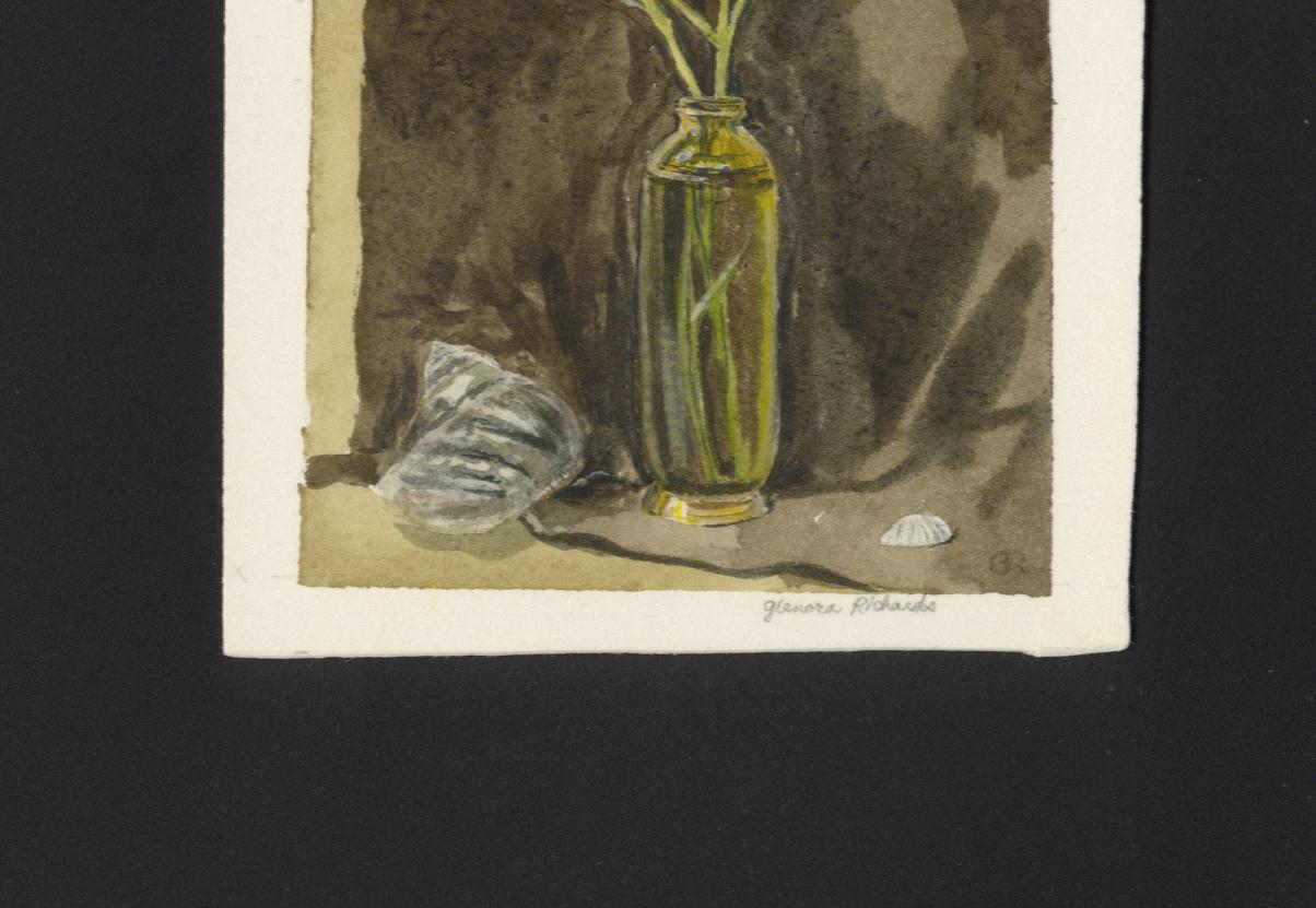 Orange Flowers in Glass Vase against Beige - Brown Interior Art by Glenora Richards