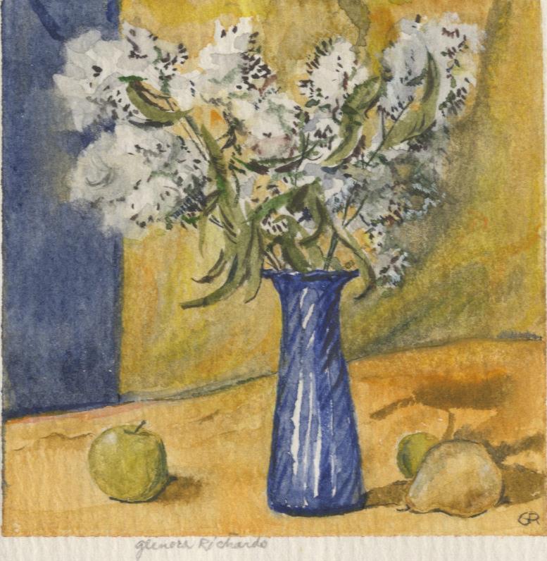 Glenora Richards Interior Art - White Flowers in Blue Vase, Apples / Yellow and blue background 