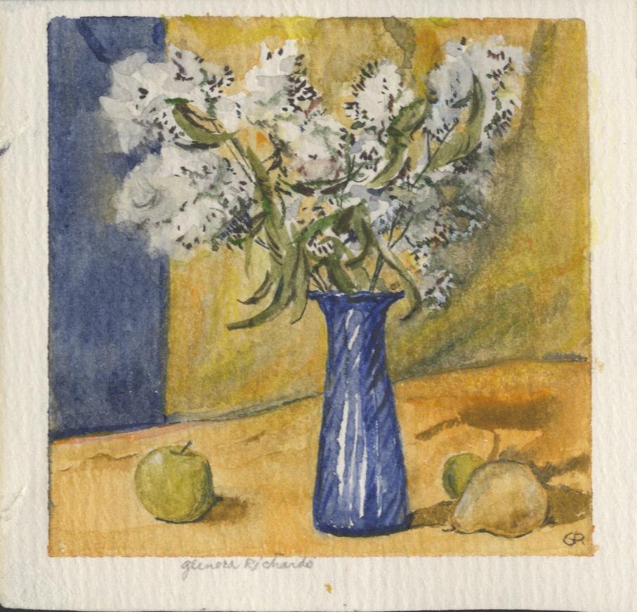 White Flowers in Blue Vase, Apples / Yellow and blue background  - Art by Glenora Richards