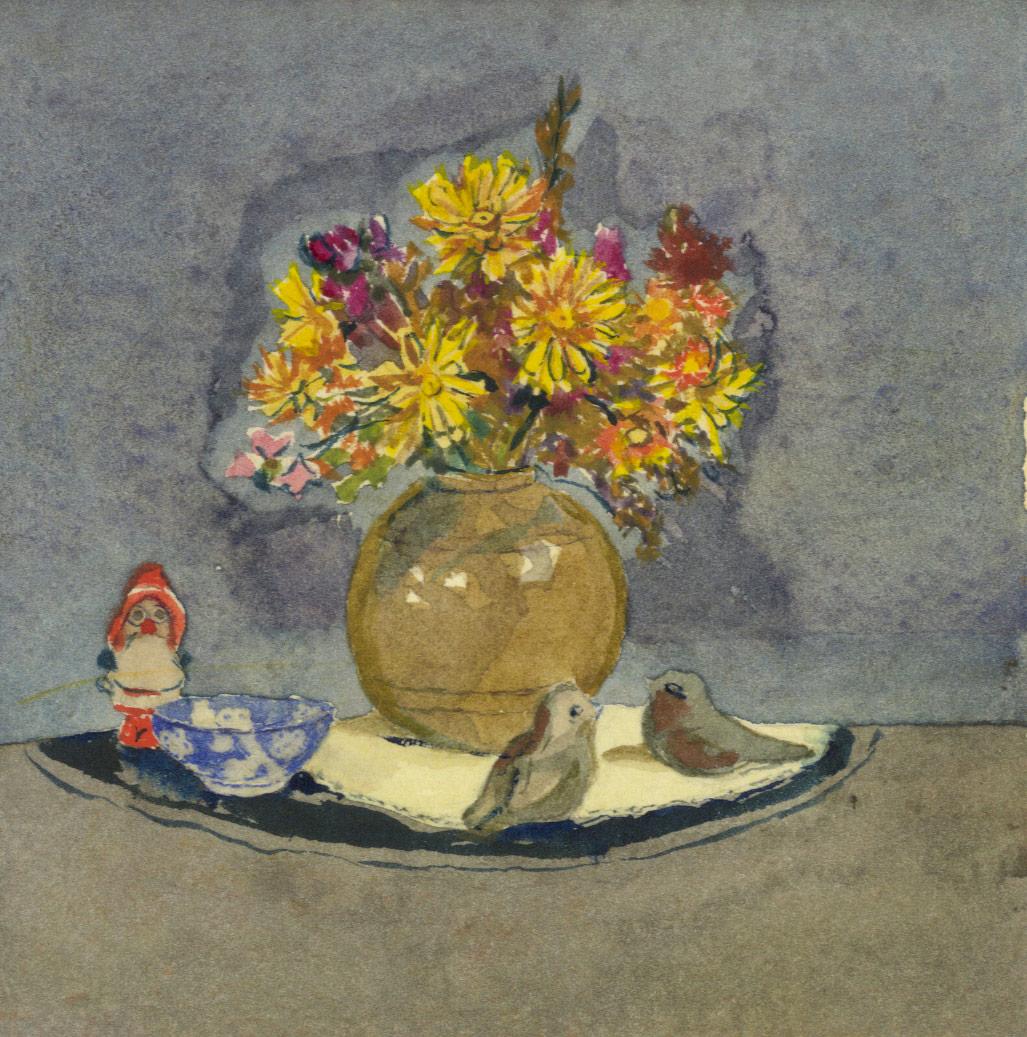 Glenora Richards Still-Life - Multi Colored Flowers in Vase Surrounded by Birds and Gnome