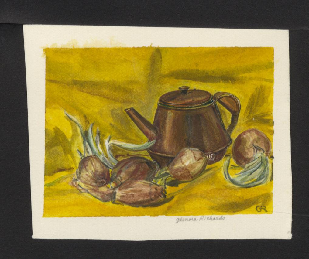Braune Teekanne in Braun, umgeben von roten Zwiebeln auf gelbem Hintergrund – Art von Glenora Richards