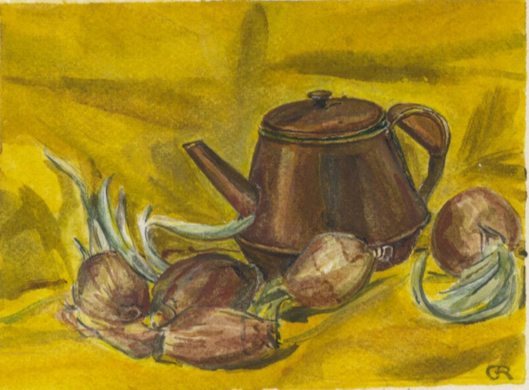 Glenora Richards Interior Art – Braune Teekanne in Braun, umgeben von roten Zwiebeln auf gelbem Hintergrund
