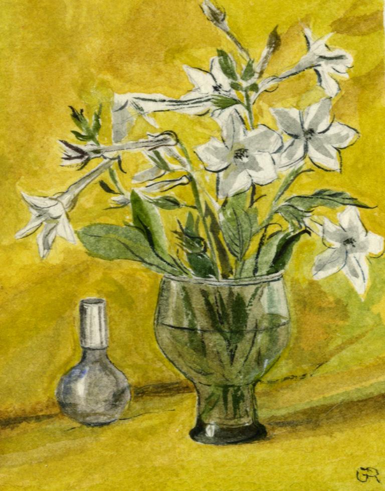 Glenora Richards Still-Life – Zwei klare Vasen / eine mit weißen Blumen auf gelbem Hintergrund