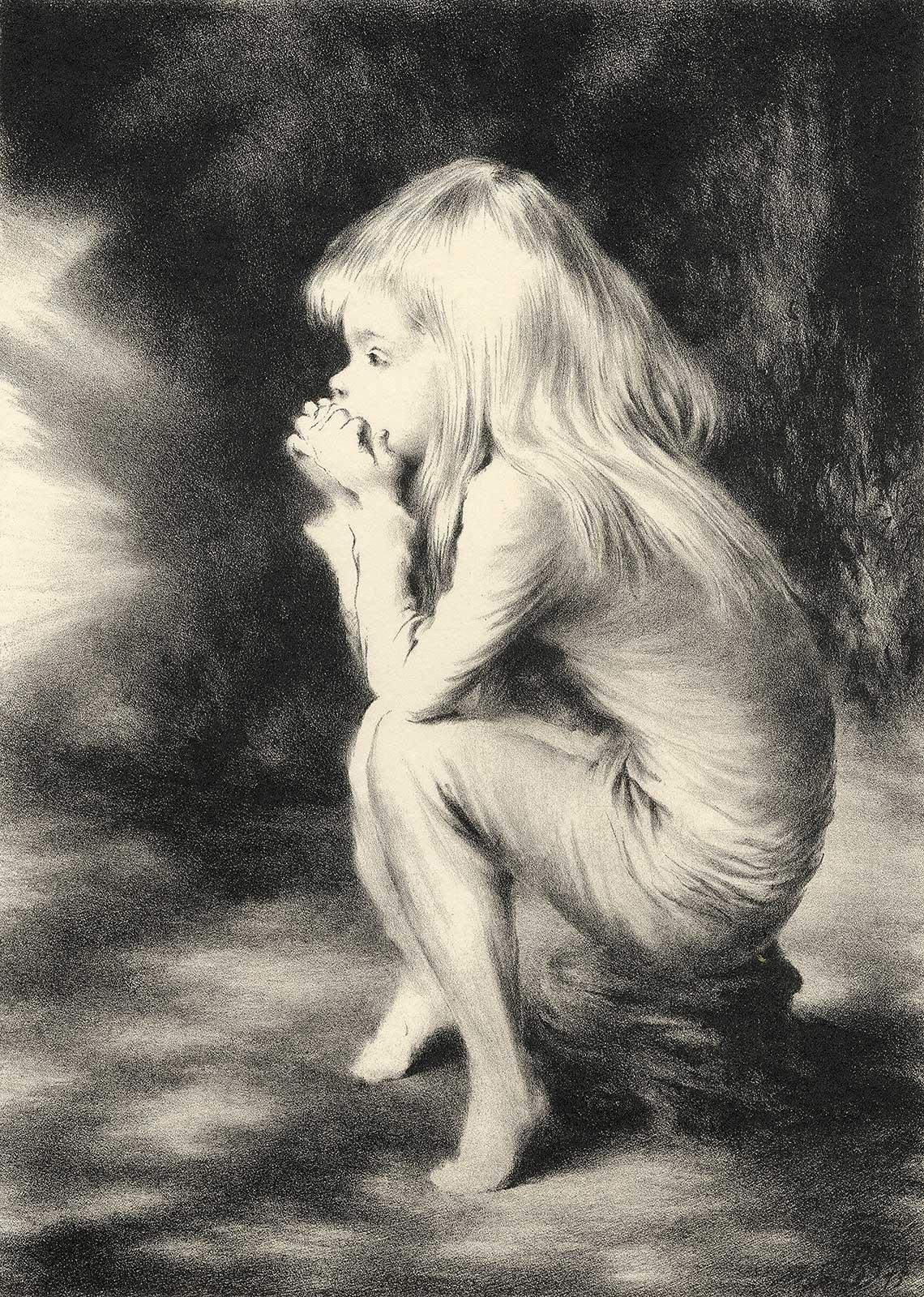 Lawrence Beale Smith Figurative Print - T. V. ( beautiful young woman sits entranced by what she
s seeing on television)