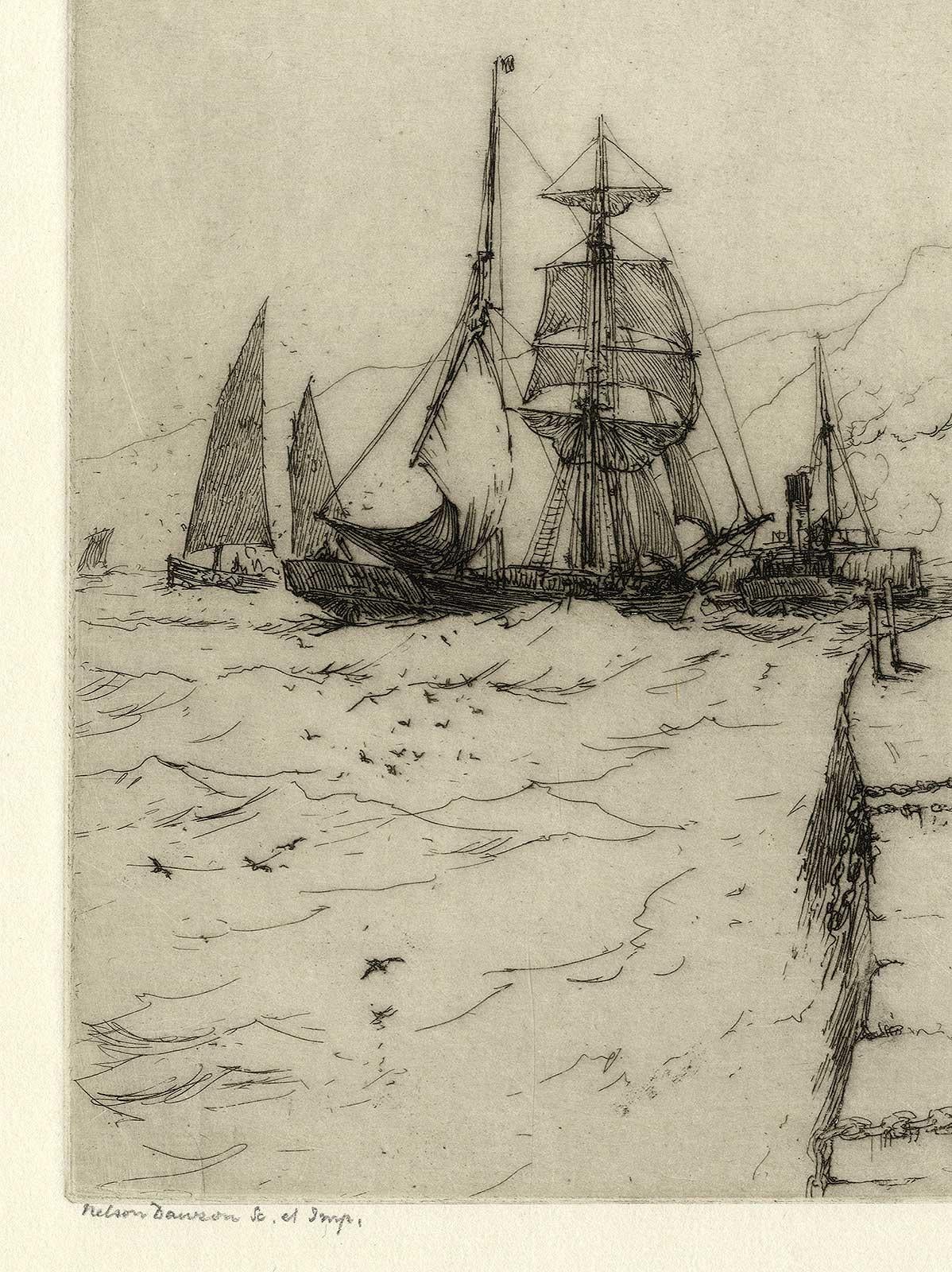 Brigahoe rimorchiata nel porto di Scarborough - Print Moderno di Nelson Dawson