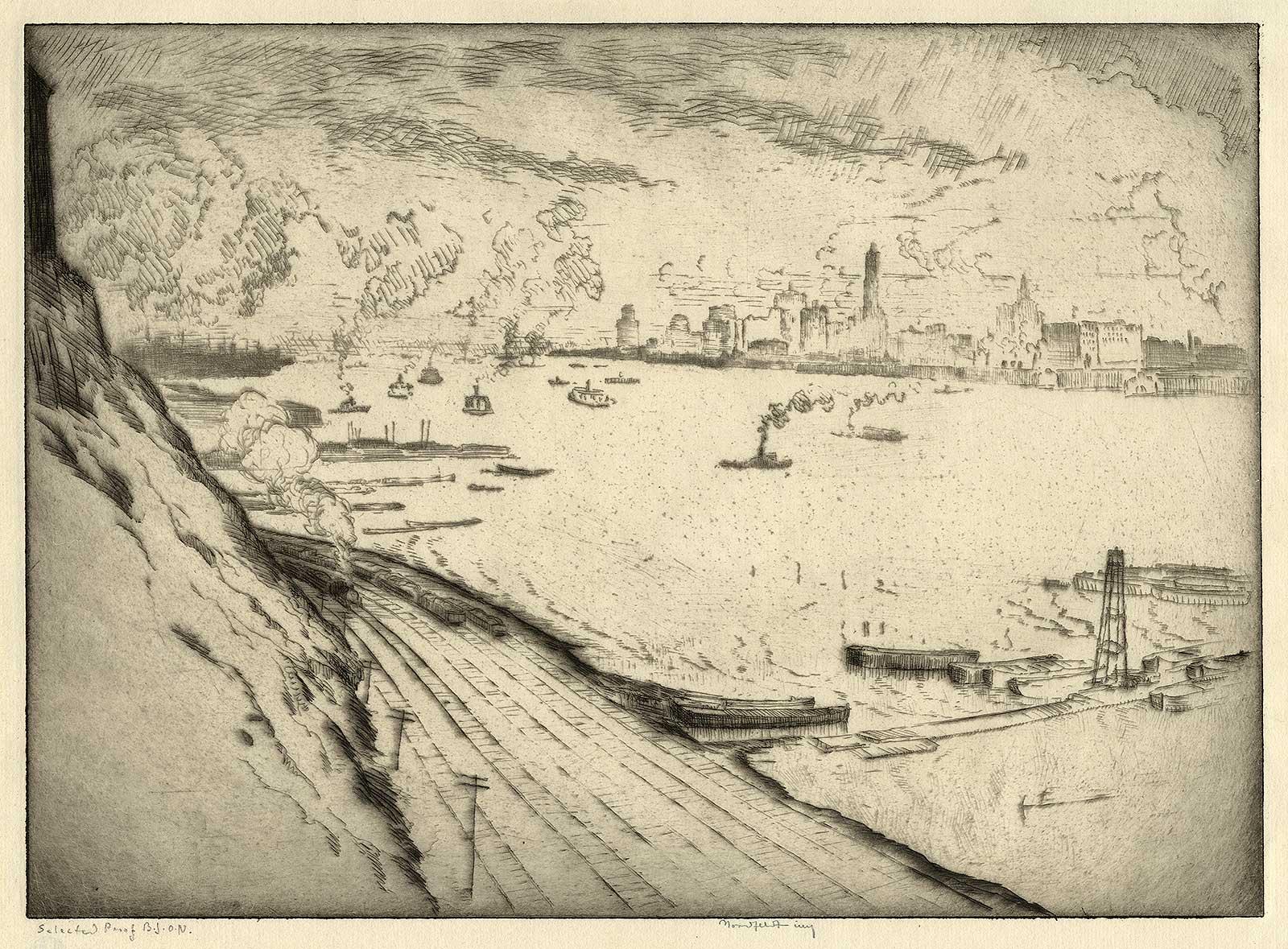 North River (New York Harbor from Weehawken) - Beige Landscape Print by B J O Nordfeldt