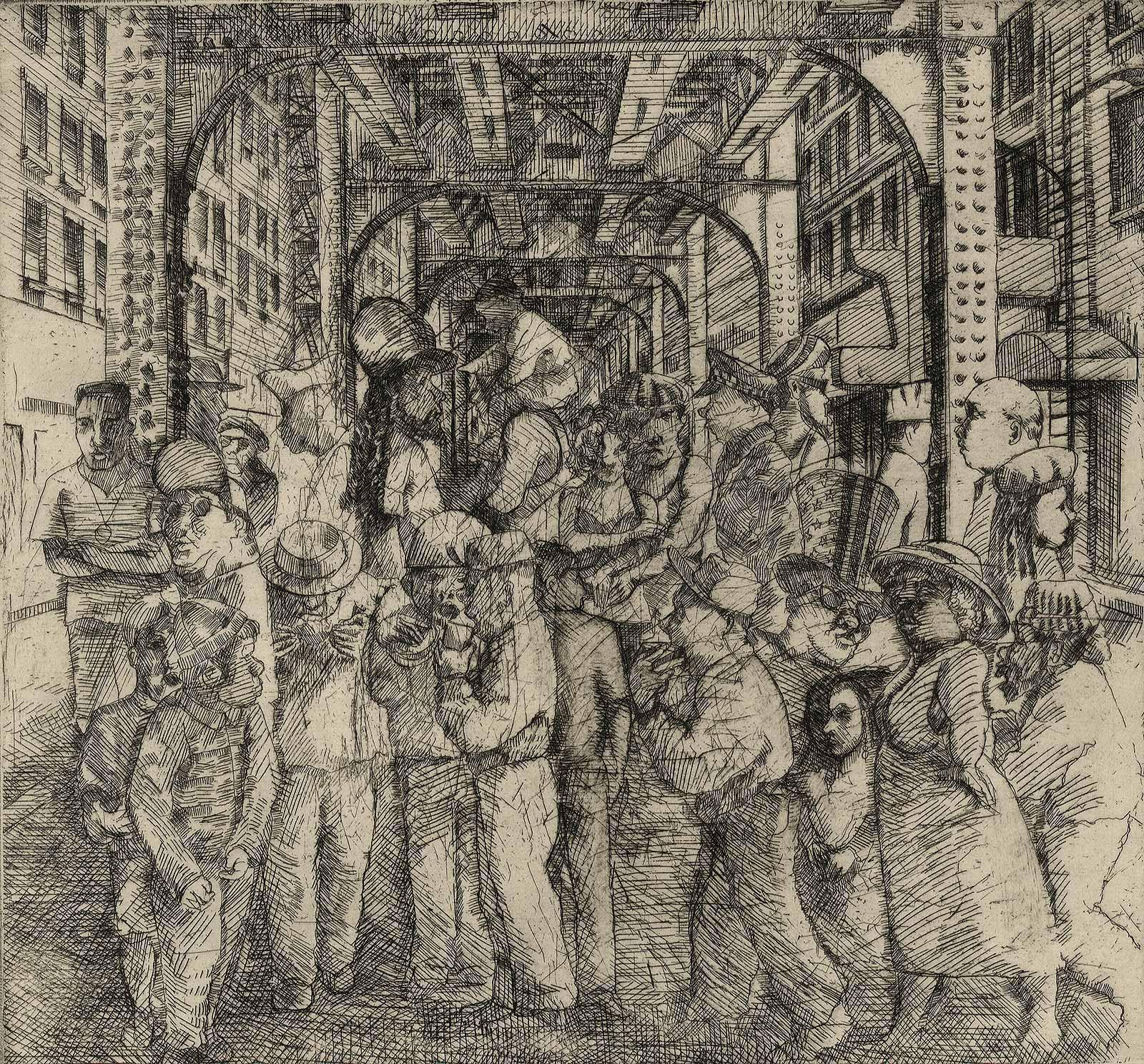 Richard Gilbert Figurative Print - The Loop VI (the artist's memories of days at Chicago's Art Institute)