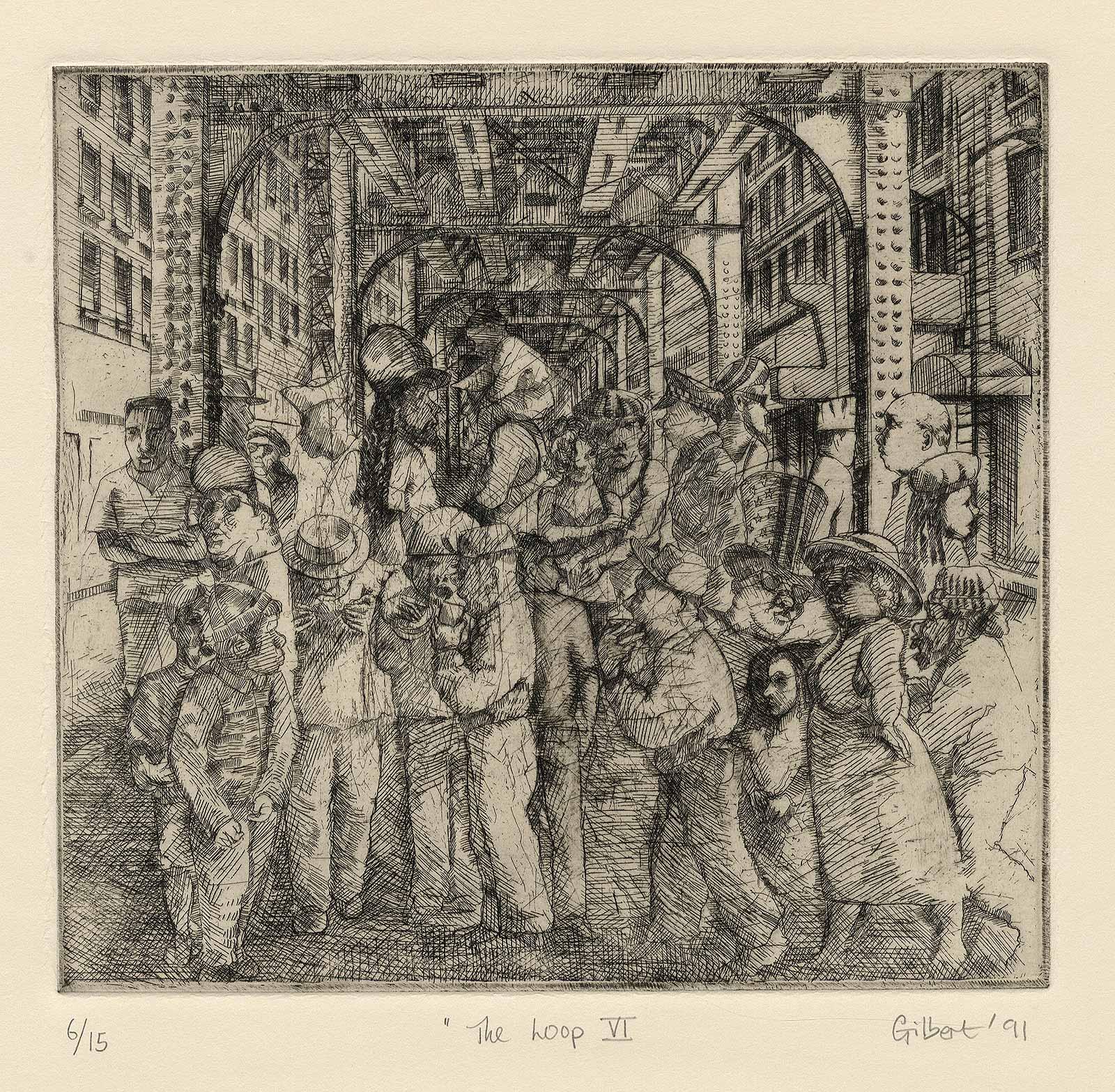 Die Schleife VI (die Erinnerungen des Künstlers an die Tage am Chicagoer Art Institute) (Grau), Figurative Print, von Richard Gilbert