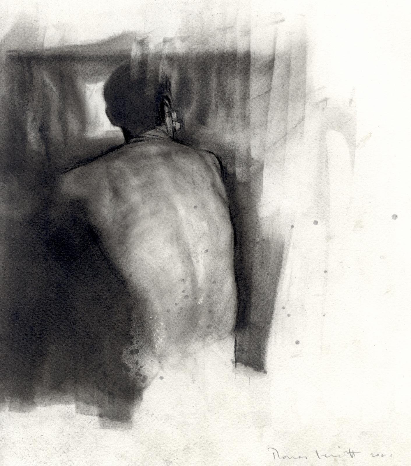 Tom Leveritt Figurative Art - From the Back ( Sensual, Atmospheric Pencil Drawing of a Seated Male Nude)