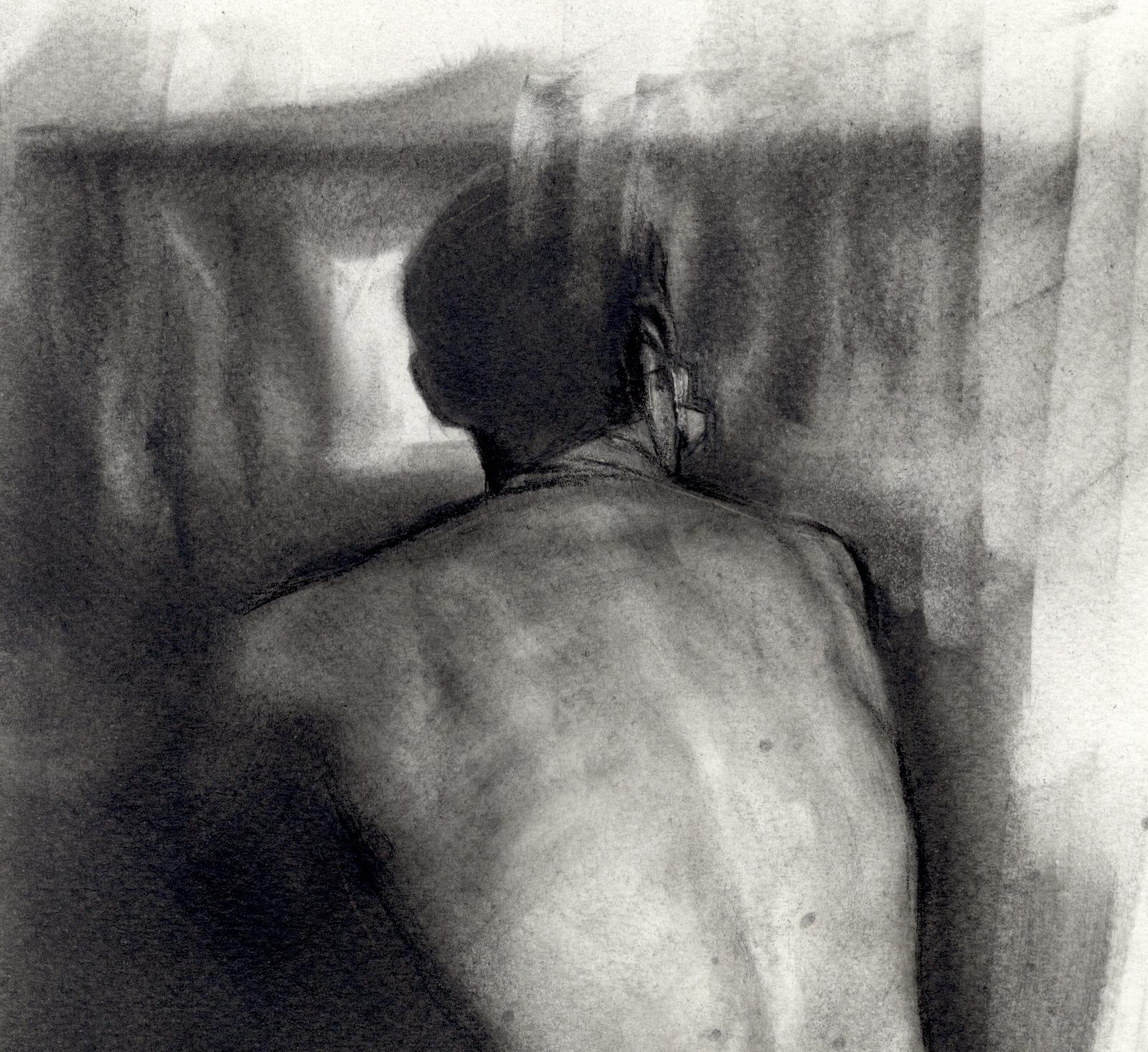 From the Back ( Sensual, Atmospheric Pencil Drawing of a Seated Male Nude) - Art by Tom Leveritt