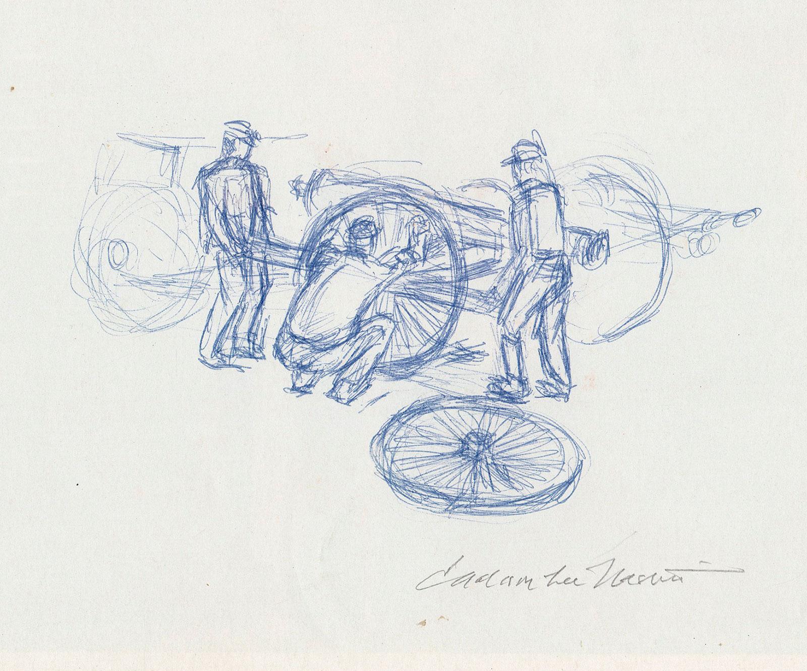 Three Men Changing a Wheel - Art by Jackson Lee Nesbitt