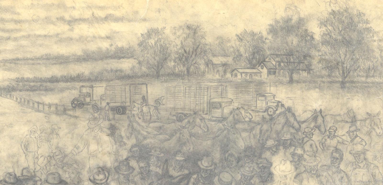 Dessin d'une scène rurale avec une foule et des mules - Beige Figurative Art par Jackson Lee Nesbitt