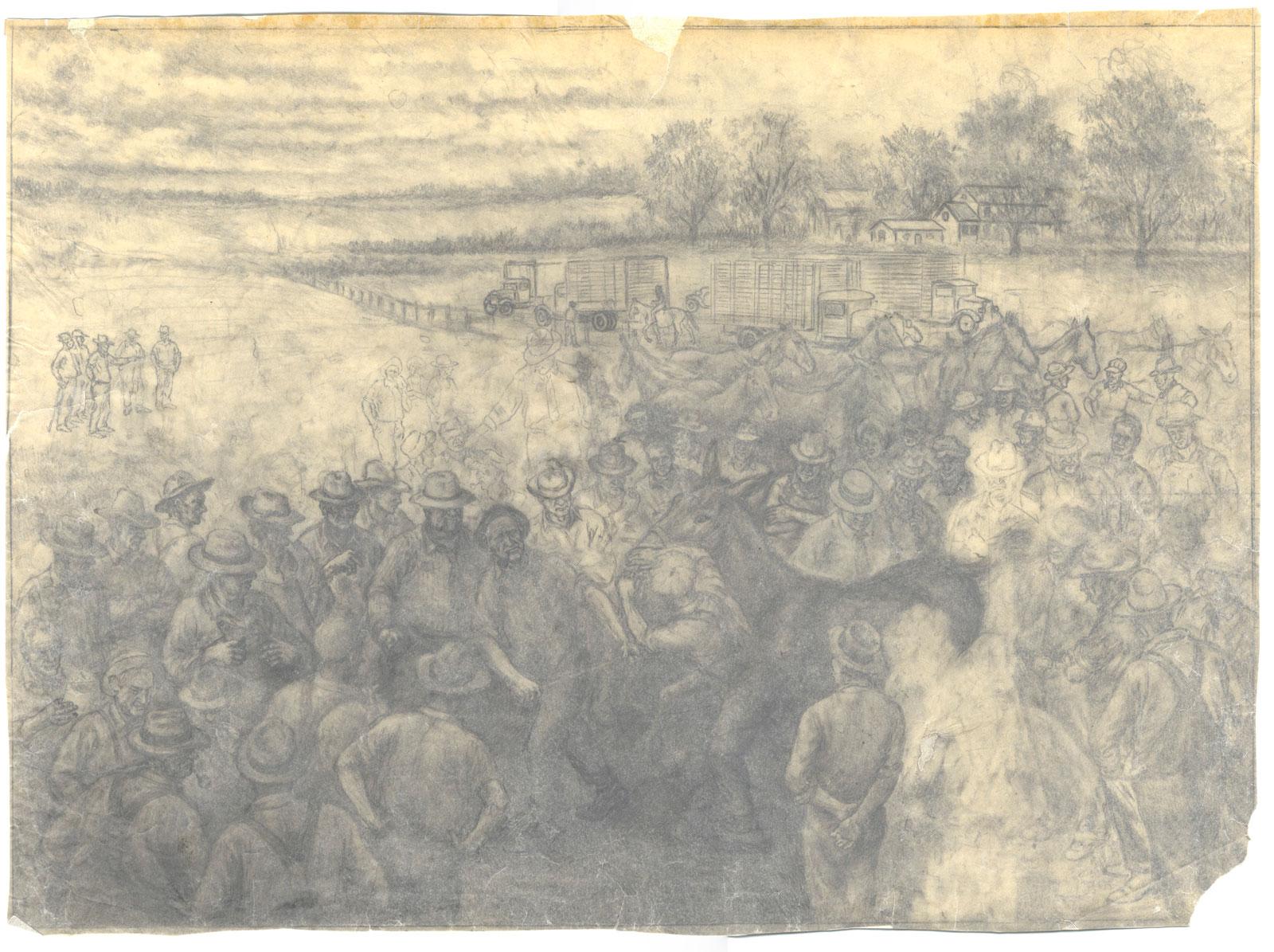 Dessin d'une scène rurale avec une foule et des mules - Art de Jackson Lee Nesbitt