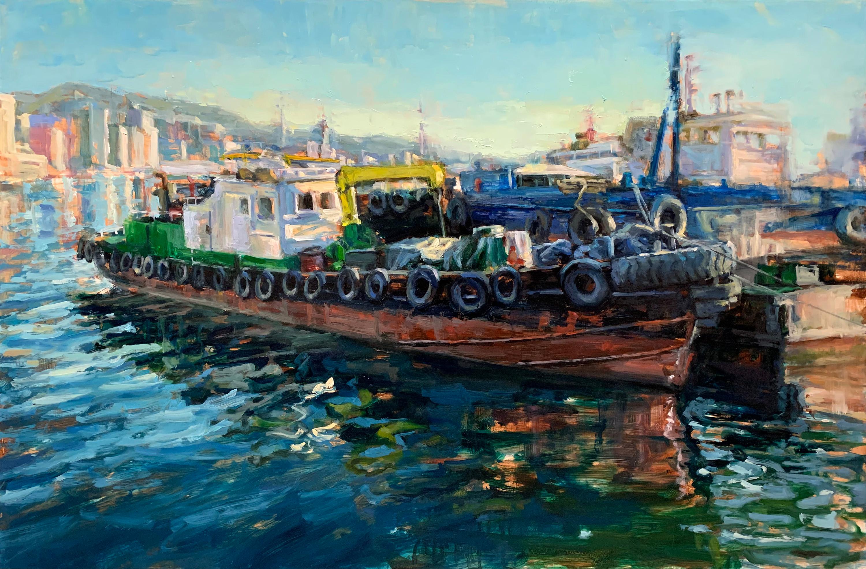 Pil Ho Lee Landscape Painting - "Busan Harbor" Colorful Scene of South Korea