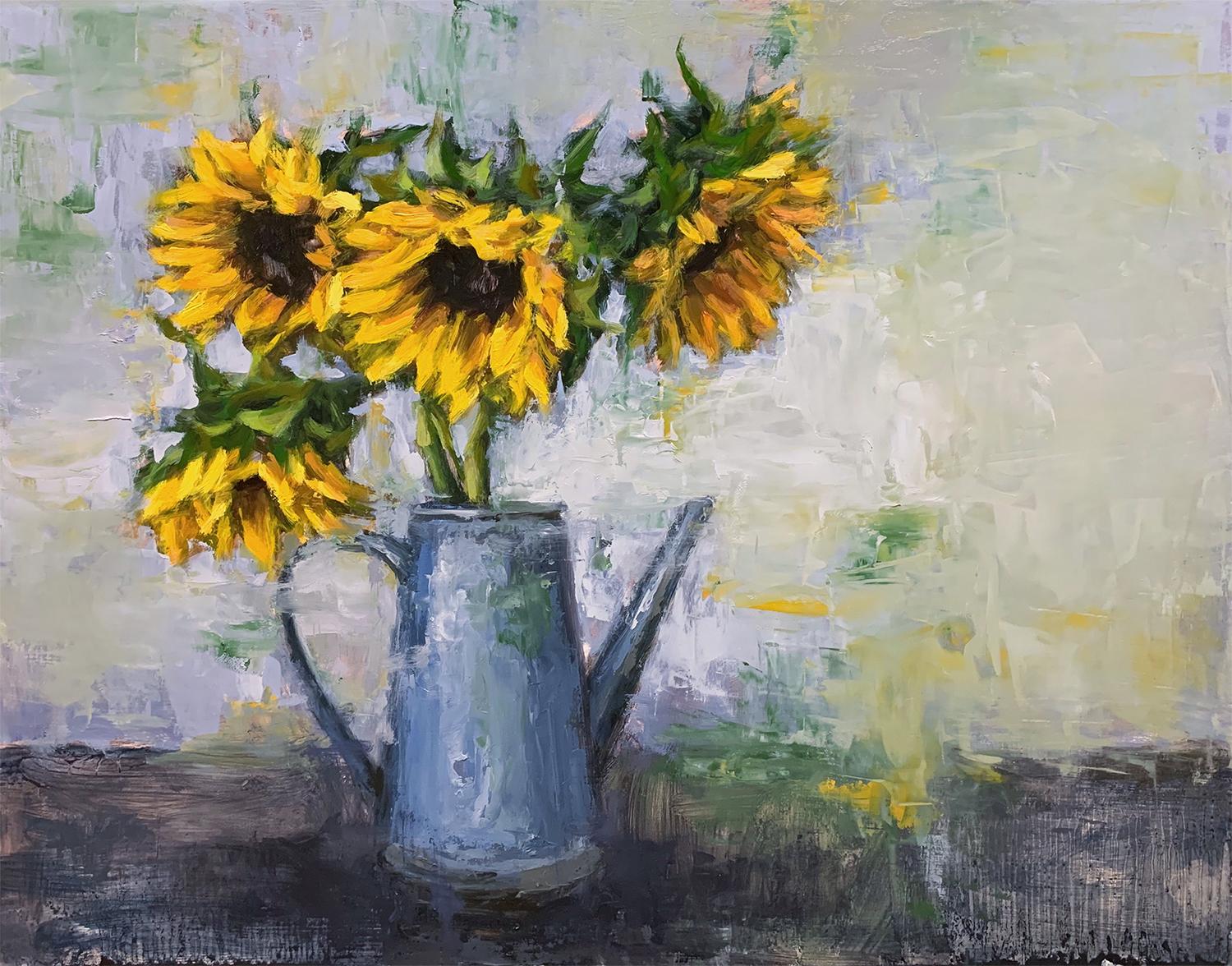 Pil Ho Lee Still-Life Painting - "Sunflowers" Colorful Still Life 