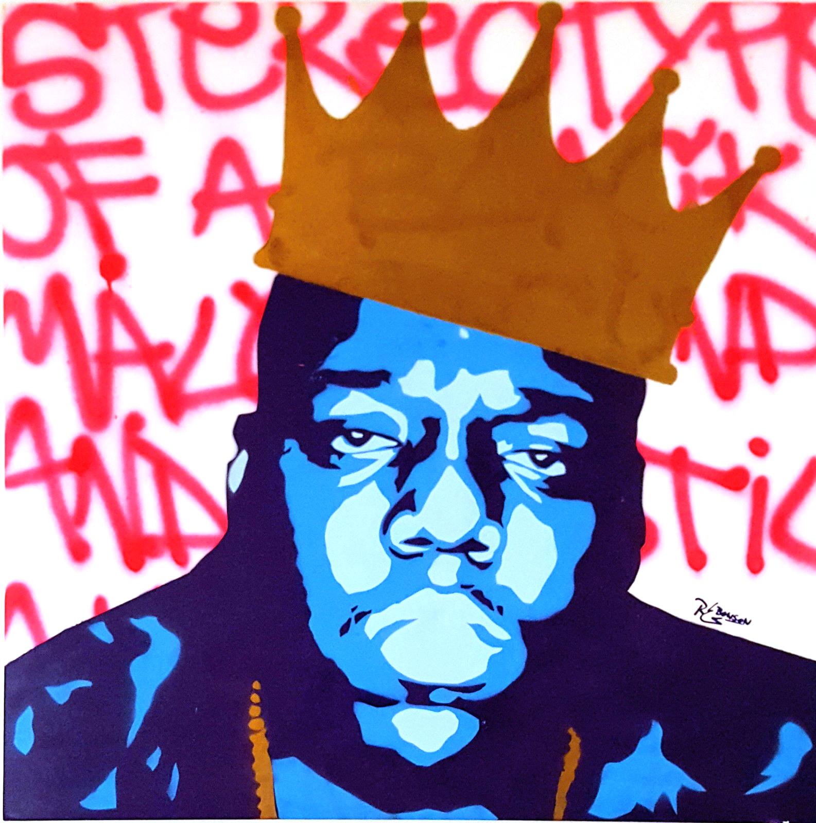 This original figurative work of Biggie Smalls by Rod Benson is a unique, acrylic and spray paint on canvas painting that is signed by the artist on the front. The original pop portrait is a 36" square. It comes with a numbered and signed