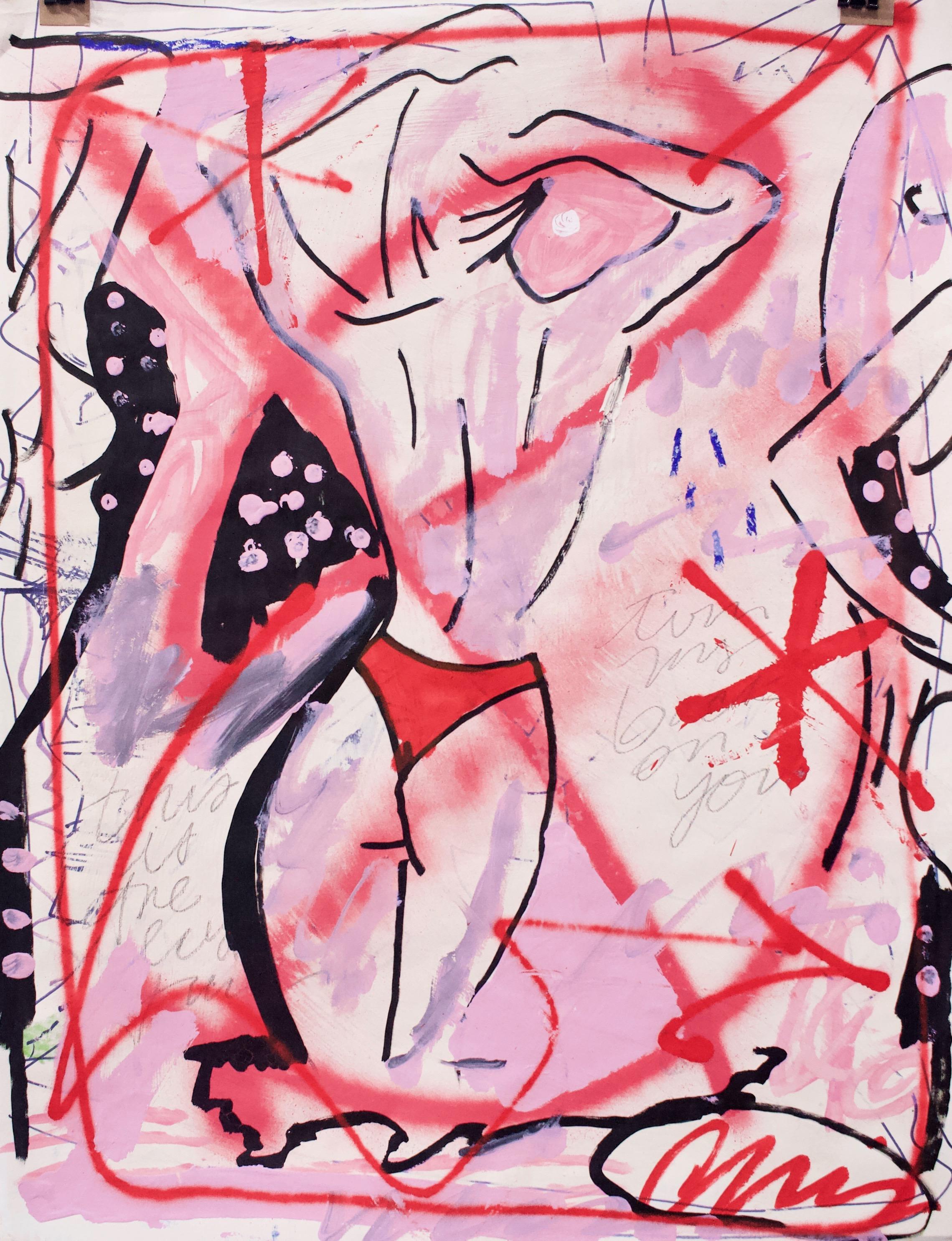 "Figure 7" by Christopher Johnson is a unique, mixed media on paper painting that is signed by the artist on the front. The artist created this original work in 2018 using acrylic, oil stick, graphite, and mixed media. It measures 24" H x 18" W. The