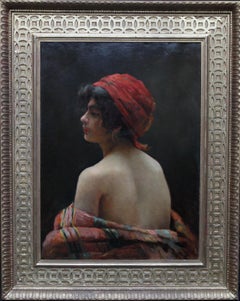 Moroccan Boy with Shawl  French 19thC art Orientalist oil nude portrait painting
