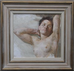 Female Nude Study Hands Behind Head - British 1920's art portrait oil painting