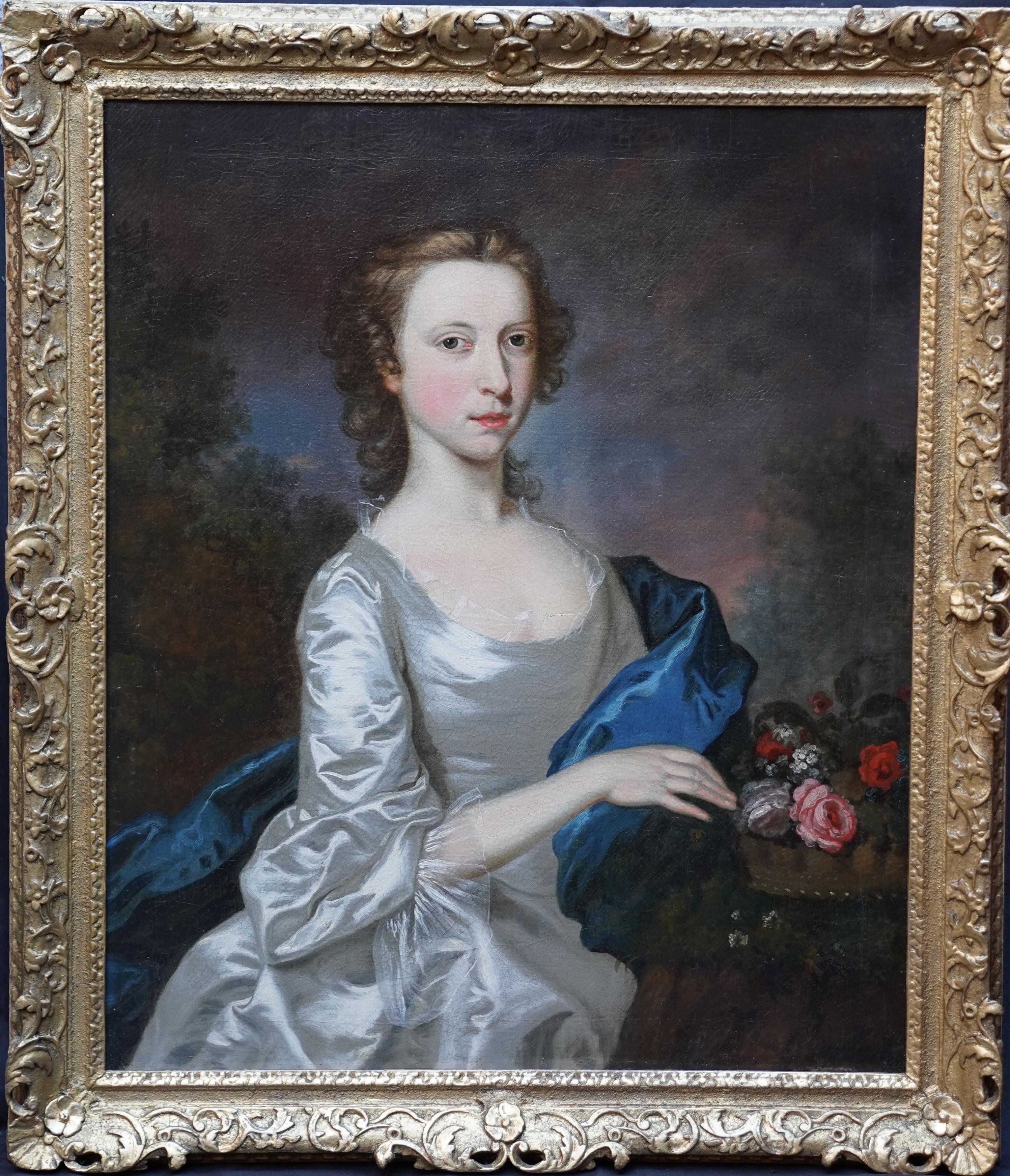 This superb Scottish 18th century Old Master portrait oil painting is attributed to noted Scottish portrait painter Allan Ramsey. Painted circa 1780 it is a three quarter length portrait of a young woman in a landscape with flowers in a basket. She
