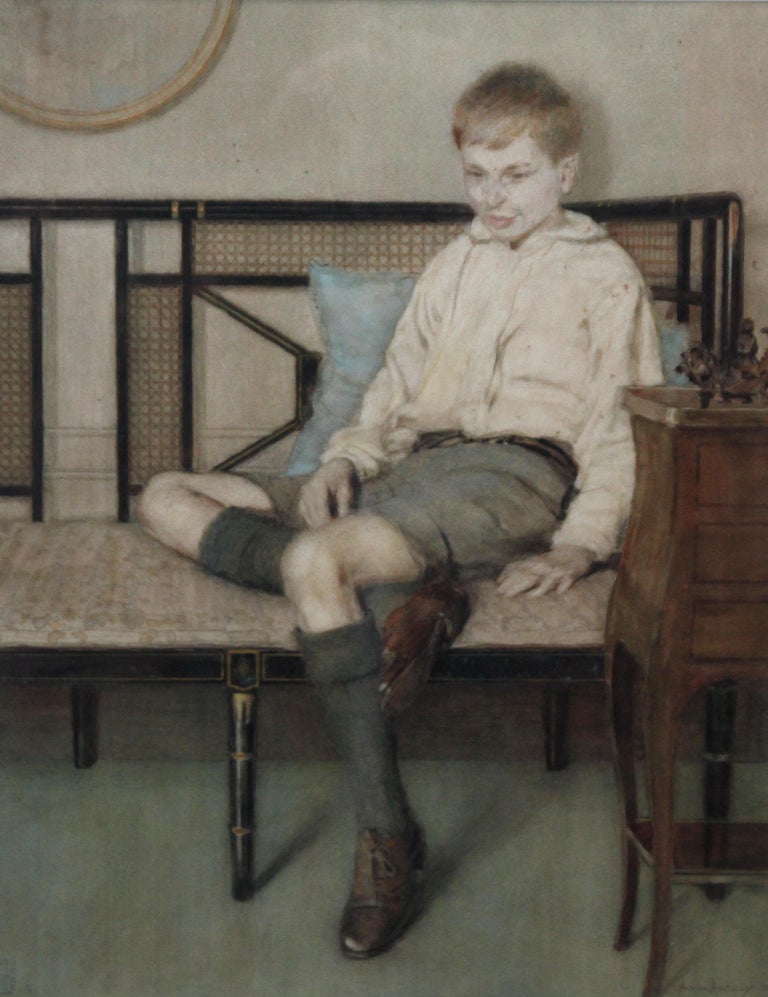 Portrait of a Boy - British Art Deco interior painting seated male female artist - Gray Interior Art by Anna Airy