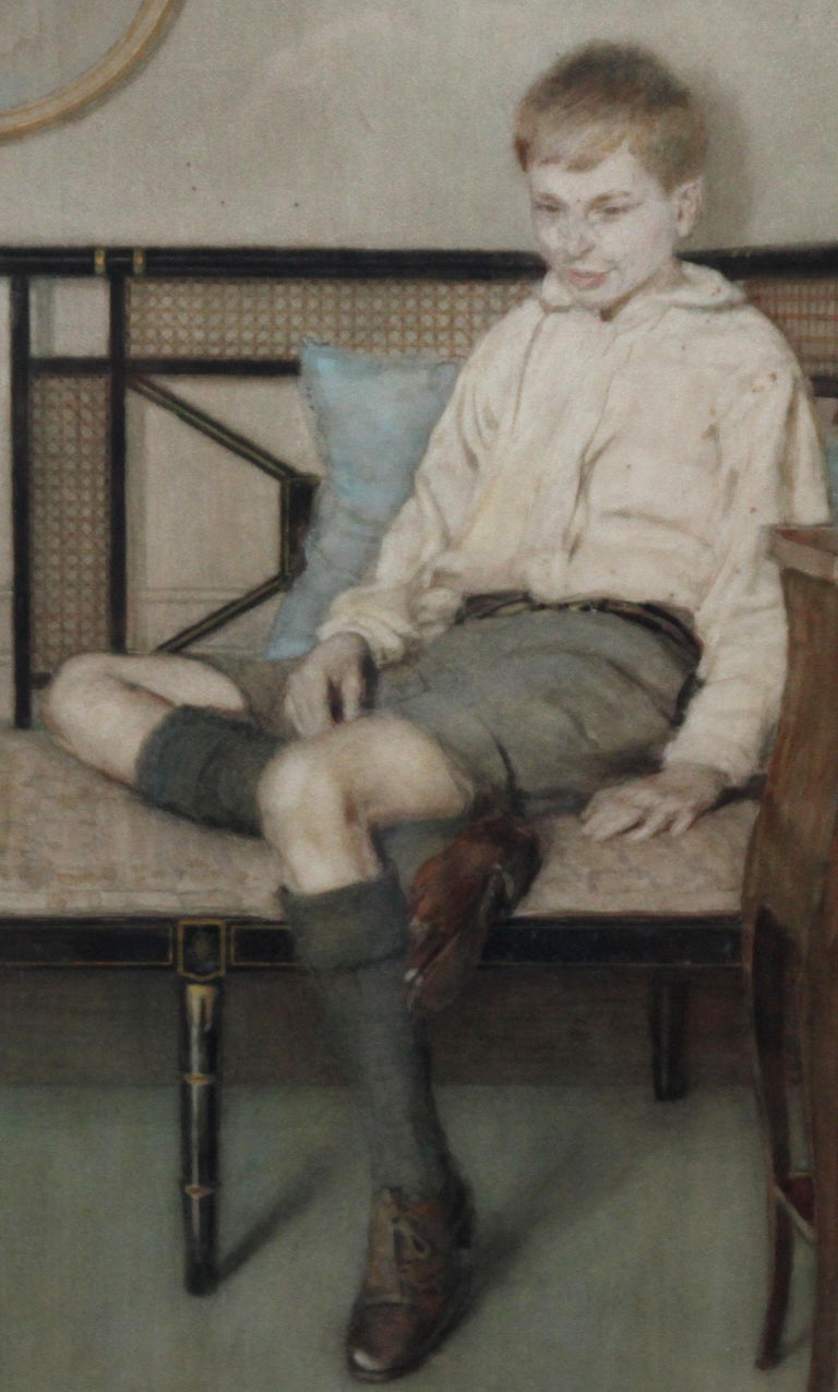 This large stunning watercolour portrait was painted circa 1930 by noted British female artist Anna Airy. The portrait depicts a full length boy seated in a beautiful Art Deco interior. A strong 20th century portrait, it is in good condition and