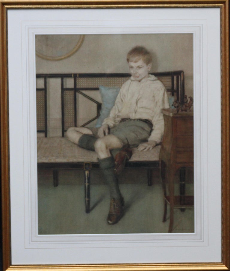 Portrait of a Boy - British Art Deco interior painting seated male female artist For Sale 4