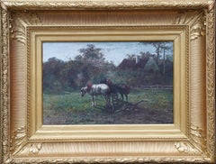 Antique Working Horses in a Landscape - Dutch Victorian animal art equine W/C painting