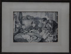 The Sewing Circle - French 1900 art interior portrait drawing women sewing