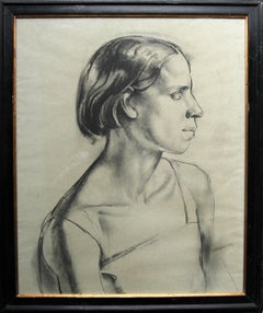 Vintage Portrait of a Young Woman - Art Deco charcoal pencil drawing