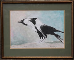 Vintage House Crows 1976 - Expressionist animal art watercolour bird painting