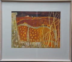 View Across Farmland - Scottish 20thC Expressionist art landscape painting gold