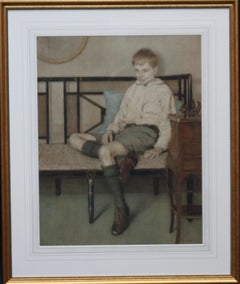 Vintage Portrait of a Boy - British Art Deco interior painting seated male female artist