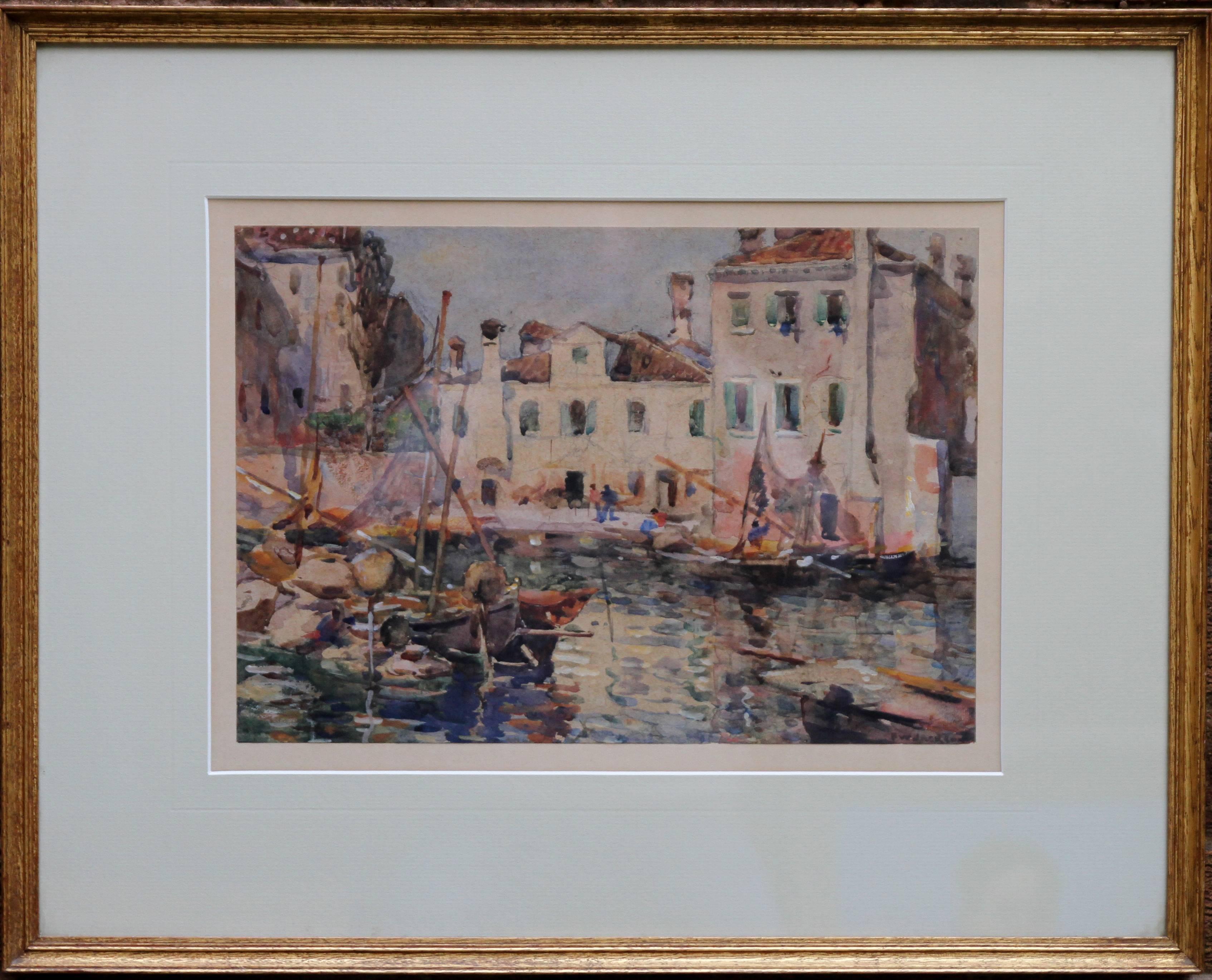 Frederick William Jackson Landscape Art – Fischboote in Venedig - Britisches impressionistisches Gemälde der Staithes-Schule, 19. Jahrhundert